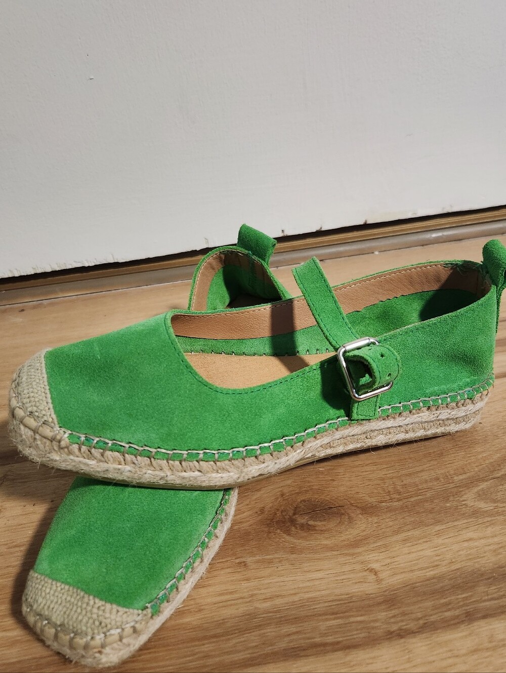 Fabiolas Green Suede Espadrille Mary Jane Flats
